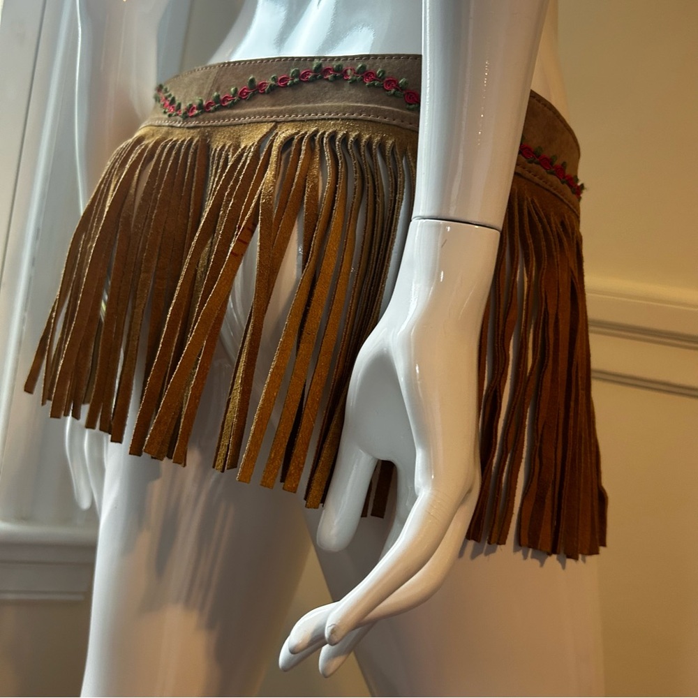 Fringed Brown Mini Skirt/Belt  with Gorgeous Red Accents